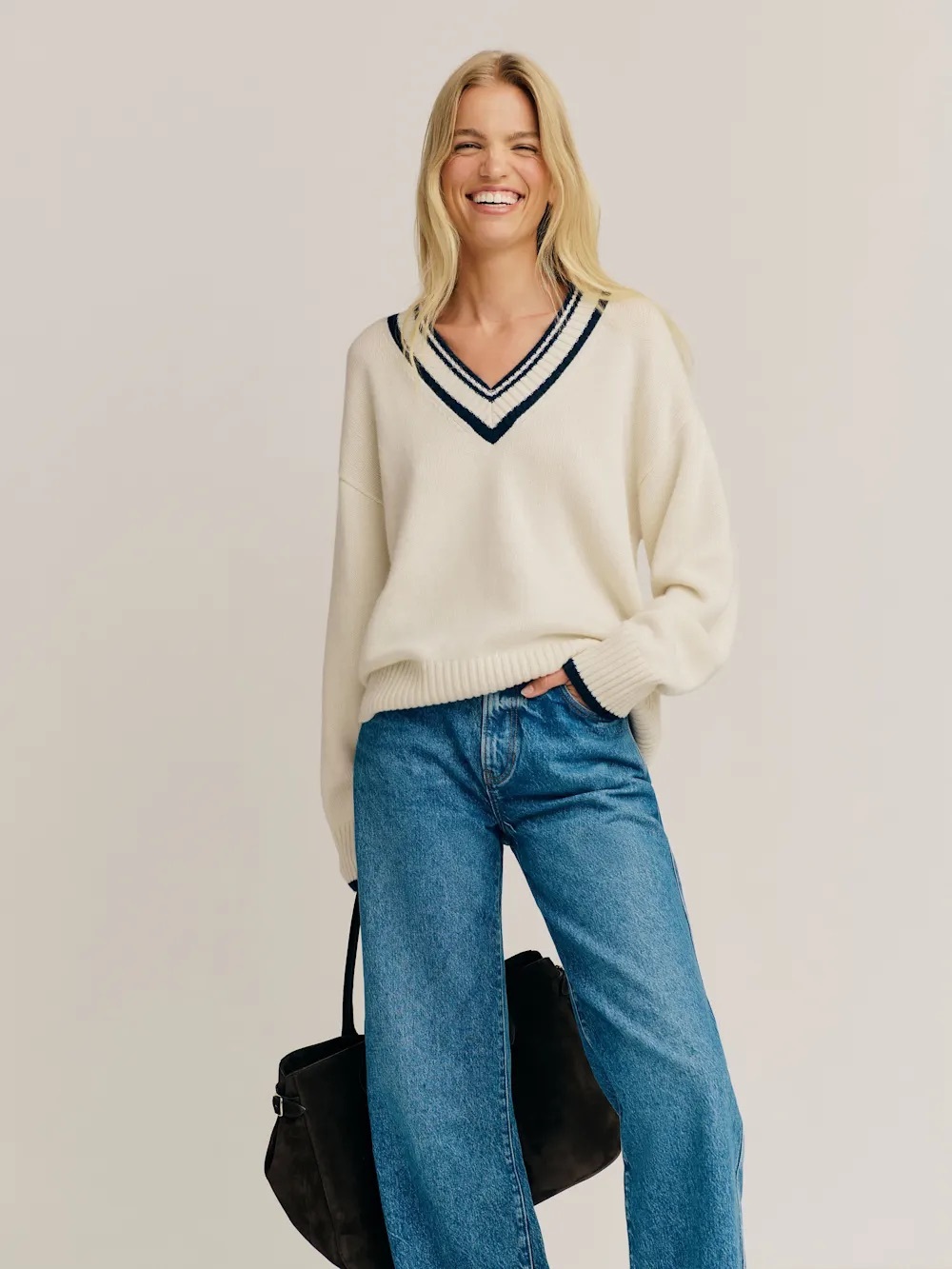 Reformation Small Jadey Cashmere Oversized V-Neck Sweater Gossamer Navy Stripe